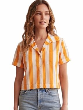 THE GREAT. Yellow & White Striped Short Sleeve Camp Collar Shirt Size 0 (XS)
